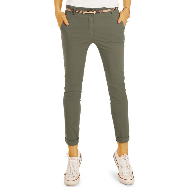 Leichte Sommer Chino Stoffhosen mit Gürtel - Bequemer Stretch Fit - Damen - h19a