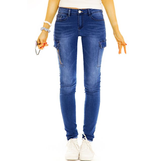 Hüftige Cargohose bequeme Jeans Hose im stretchigen Slim Fit Look - Damen - j1L-1-dunkelblau