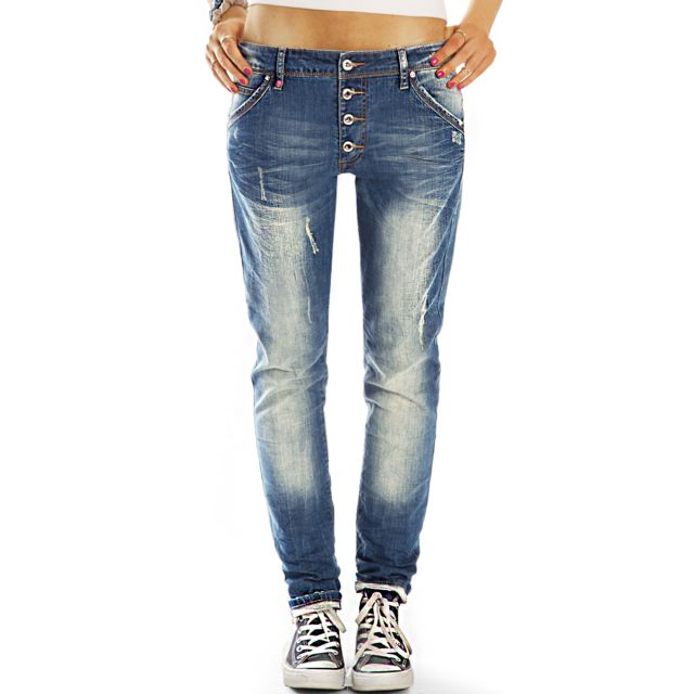 Tapered Baggy Boyfriend Low Waist Hüftjeans Hose bequem weit locker - Knopfleiste - Damen - j19k-2