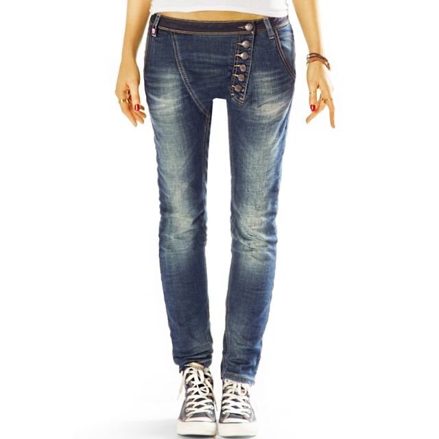 Schmale Slim fit Hüftjeans mit asymmetrischer Knopfleiste stretchig bequem - Damen - j15L
