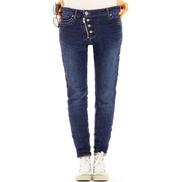 Slim Fit Jeans Hose im ausgefallenen Style mit schräger Knopfleiste und Reißverschluss  - Damen - j8e-2
