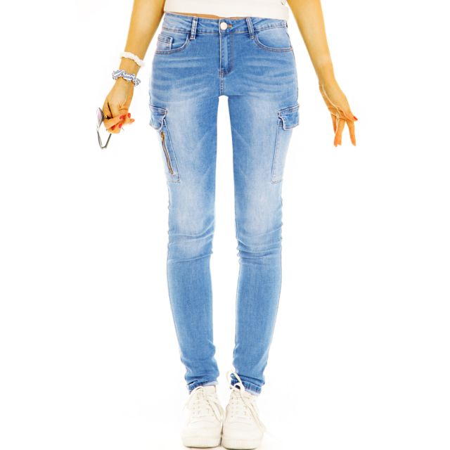 Hüftige Cargohose bequeme Jeans Hose im stretchigen Slim Fit Look - Damen - j1L-1-hellblau