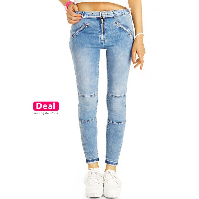 Skinny Röhrenjeans mit Gürtel & Zipper, enge Slim Stretch Fit in Vintage Used Hellblau - Damen - j8p
