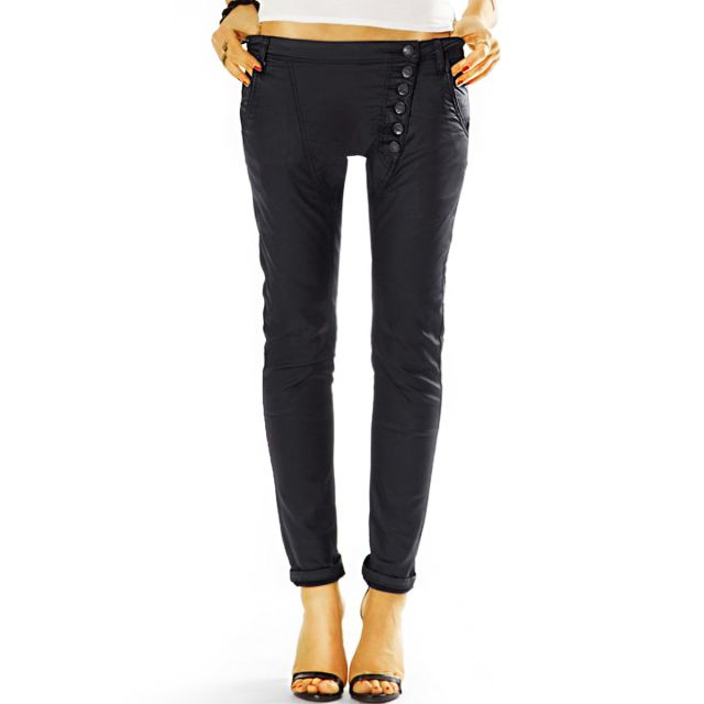 Vegane Hüftige Lederhose mit asymmetrischer Knopfleiste stretchig bequem - Damen - j19L-1