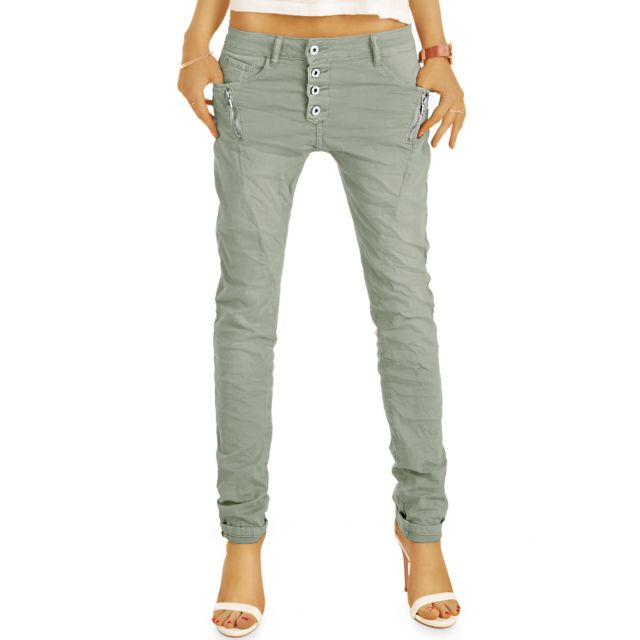 Stretch Baggy Boyfriend Hüftjeans im Tapered Relaxed Fit - Knopfleiste & Reißverschluss Damen Jeanshose - j6i