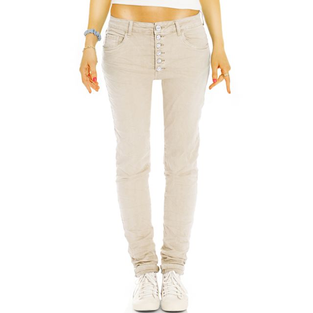 Medium - Low Waist Regular Jeans Tappered mit Knopfleiste - Bequeme Stretch Slim Fit Hose - Damen - j43p