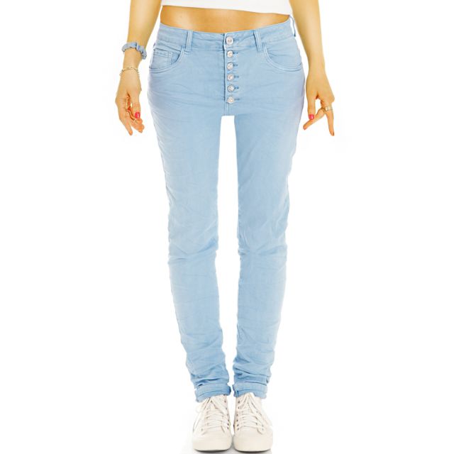 Medium - Low Waist Regular Jeans Tappered mit Knopfleiste - Bequeme Stretch Slim Fit Hose - Damen - j43p