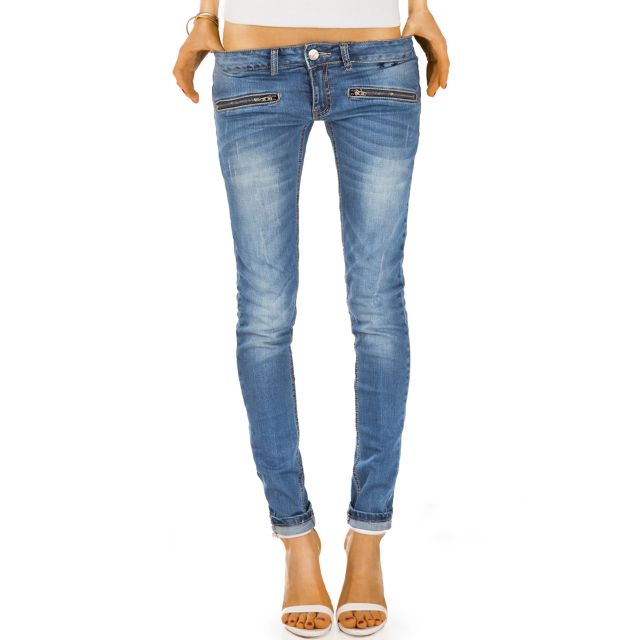 Skinny Slim Fit Hüftjeans mit Reißverschluss Taschen - Röhrige Damenjeans Hose in Used Waschung - j03i
