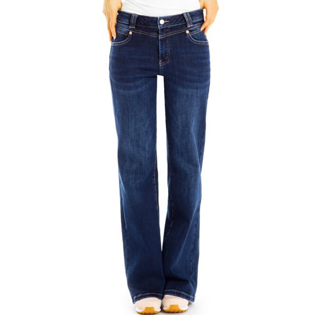 Normal hohe Bootcut Jeans locker geschnittene Schlaghose stretchige dunkelblaue loose fit Hosen - Damen - j23k