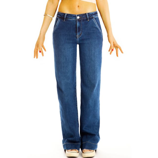 Medium waist Loose fit Bootcut Jeans locker geschnittene Schlaghose stretchige dunkelblaue Hose - Damen - j45L-1