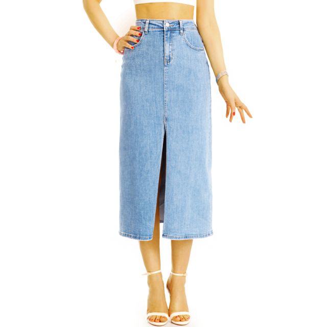 Midirock Pencil Skirt bequemer Bleistiftrock - hellblauer Taillenrock mit Schlitz - Damen - j22L-3