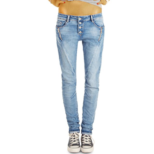 Stretch Baggy Boyfriend Hüftjeans im Tapered Relaxed Fit - Knopfleiste & Reißverschluss Damen Jeanshose - j6i