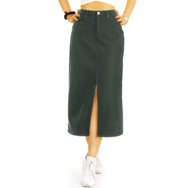 Midirock Pencil Skirt Bleistiftrock - Taillenrock mit Schlitz in khaki und schwarz - Damen - j26L-1