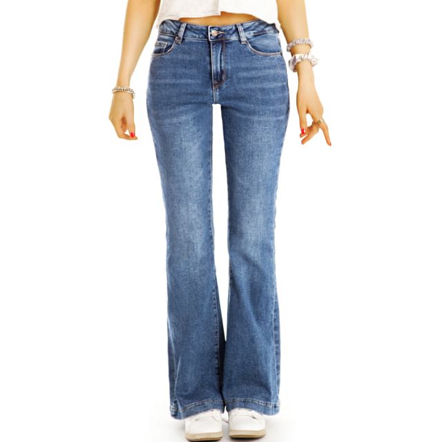Medium Waist Damen Basic Boot Cut Jeans ausgestelltes Bein - stretchige Slim Fit Schlag Jeans Hose - j51L-1