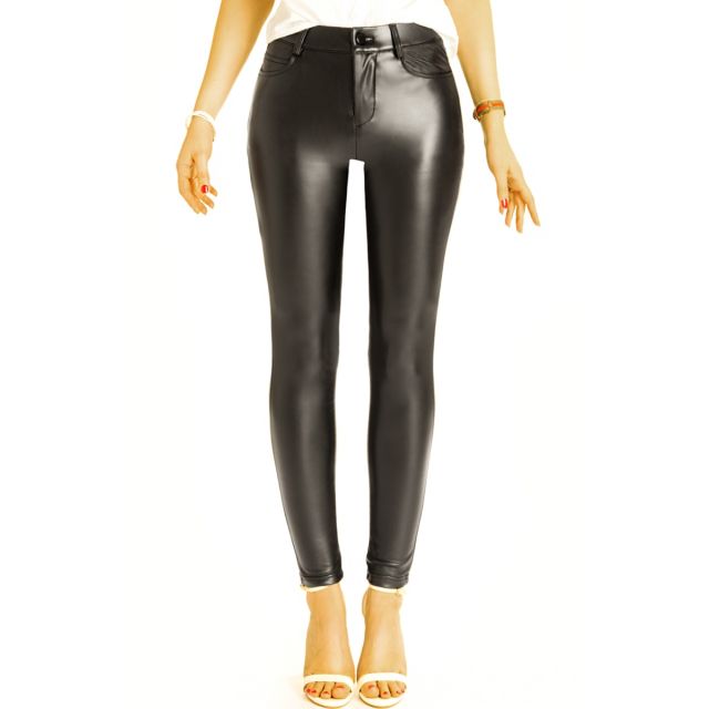 Röhrenhose vegane super skinny low waist Hose, schwarze hüftige Kunstlederhose - Damen - j47k