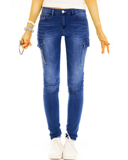 Hüftige Cargohose bequeme Jeans Hose im stretchigen Slim Fit Look - Damen - j1L-1-dunkelblau